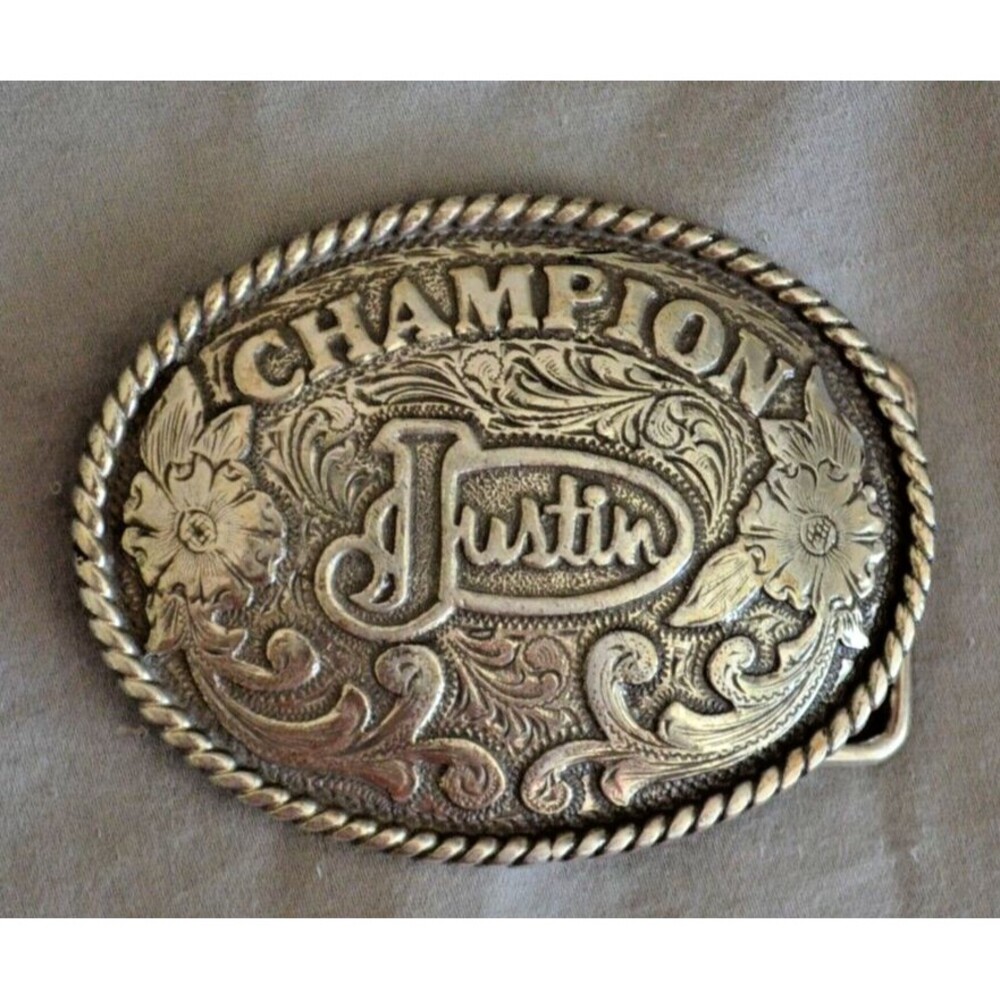 Vintage 1970s JUSTIN CHAMPION Western Wear Belt Buckle Silver Tone Youth Adults